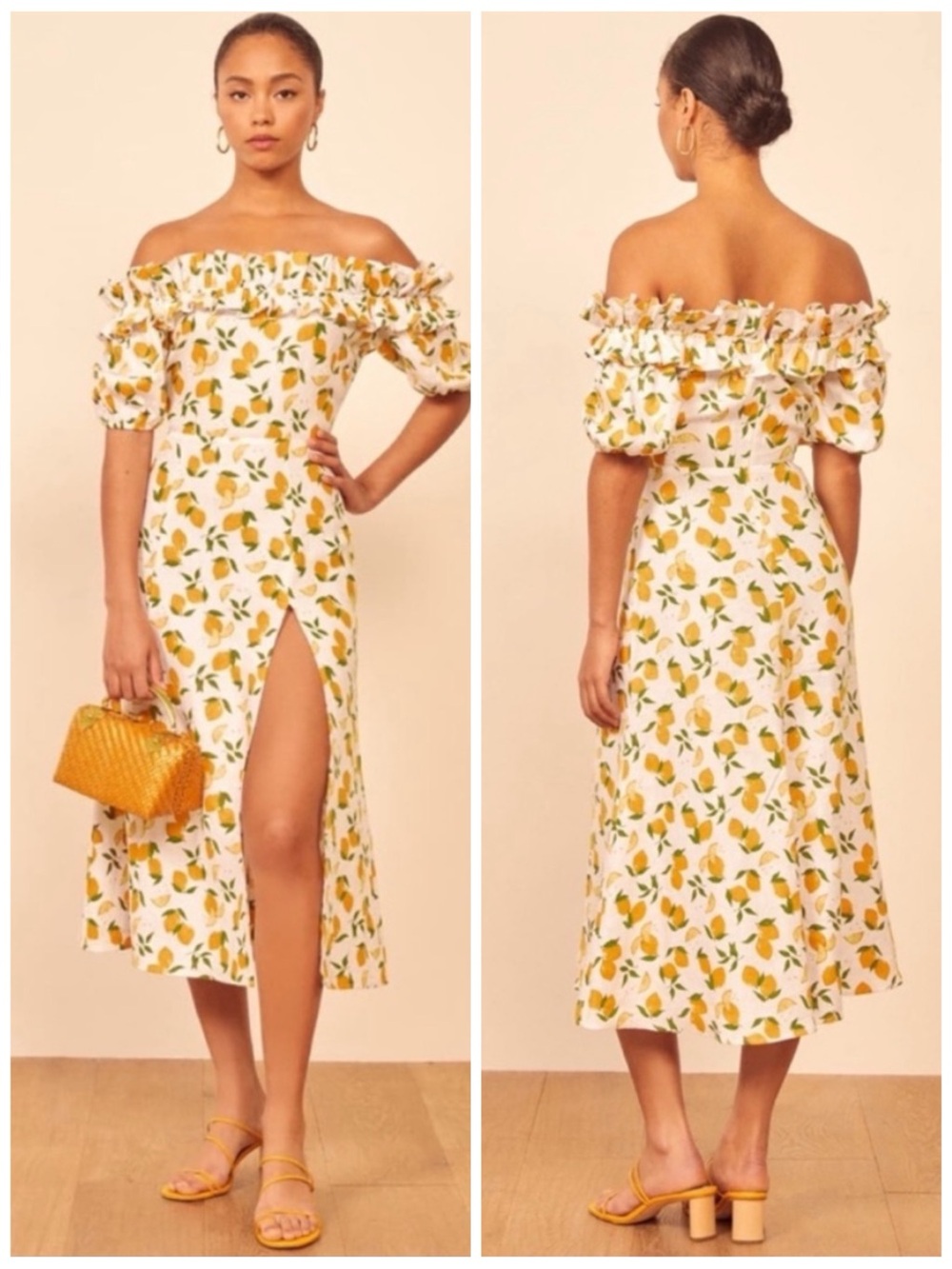 REFORMATION Women’s Size 4 Lemon Print Linen Marley Off-the-Shoulder Midi Dress